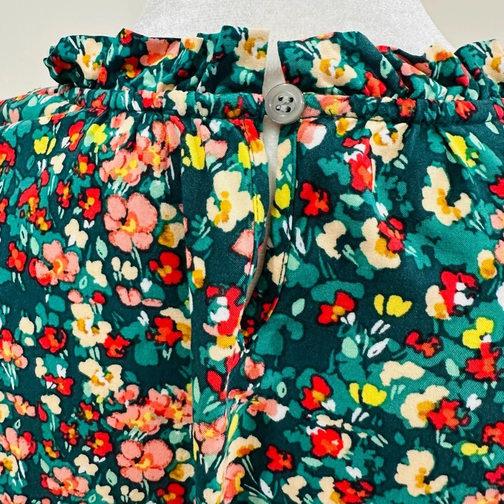 J. Crew Factory Smocked Ruffleneck‎ Top Small Viscose Multicolor